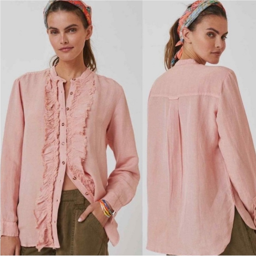 Pilcro Anthropologie Light Pink Linen Ruffled Button Down Blouse Size XS